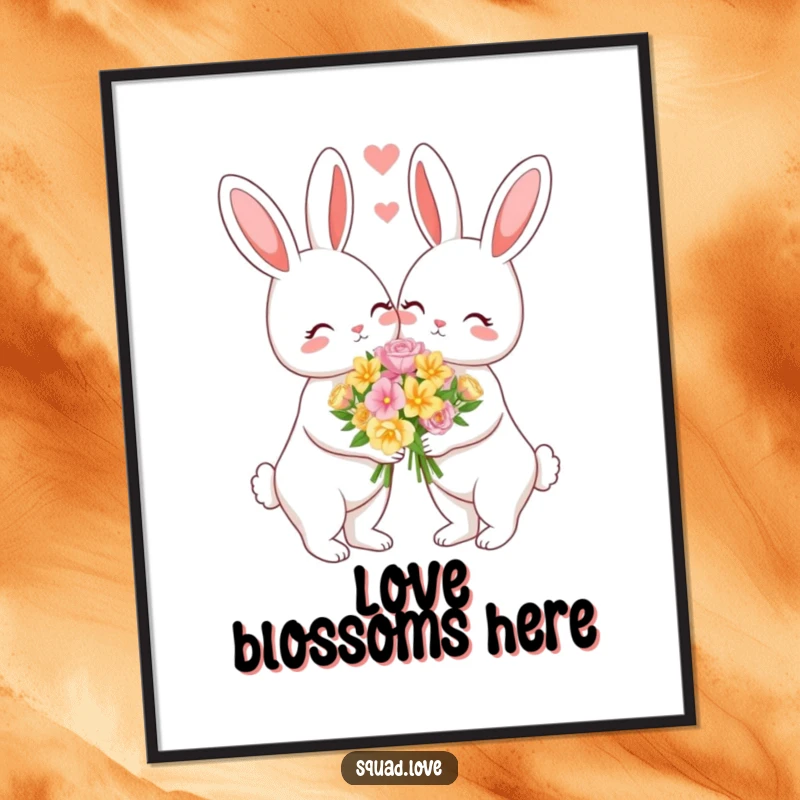 Funny poster print of a loving bunny couple exchanging flowers, symbolizing sweet romance and affection. Great decor.