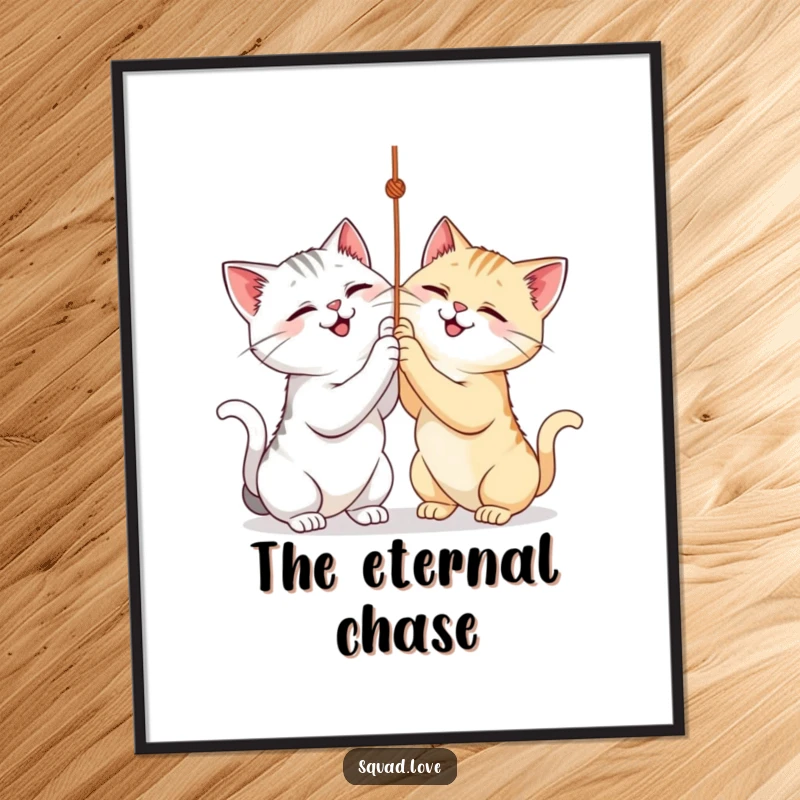 Funny poster print of two cats joyfully batting at a dangling string, embodying playful feline energy. Great decor.