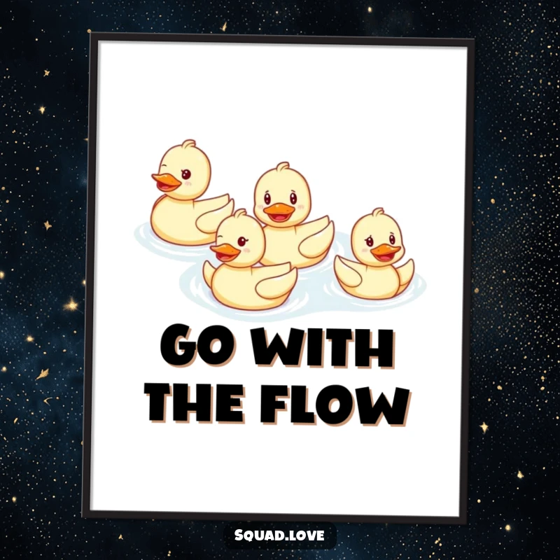 Funny poster art of a smiling duck family swimming in perfect formation, radiating happiness and synchronized aquatic charm.