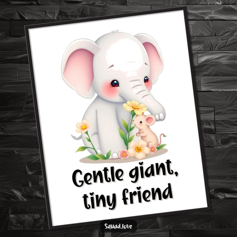Funny poster print of a large elephant delicately holding out a flower to a very small mouse, celebrating pure, simple friendship.