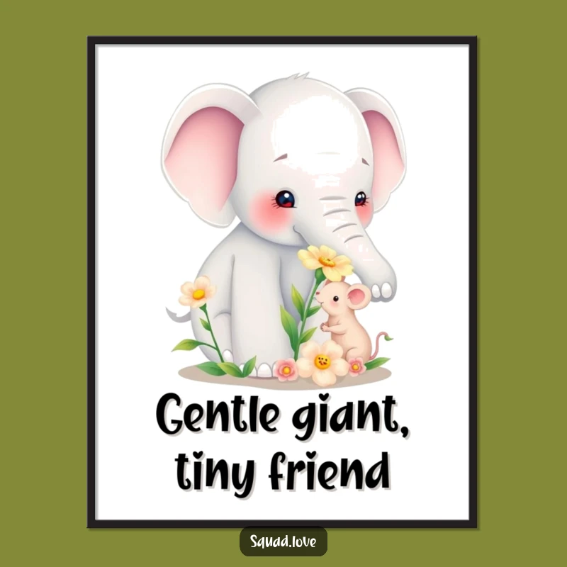 Funny Elephant Mouse Flower Poster - Adorable Art Print Gift