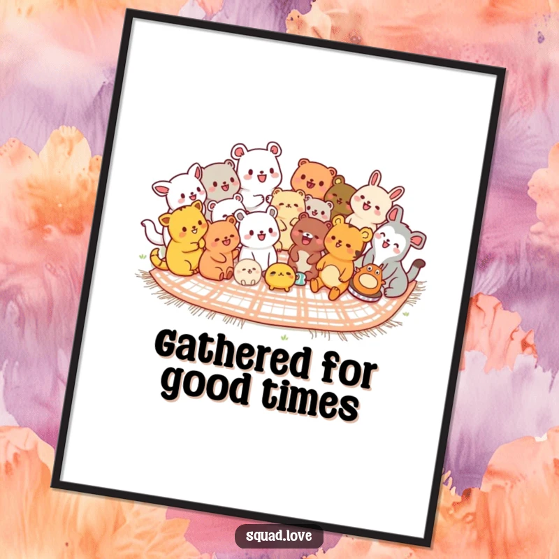 Funny kawaii animals poster print, a diverse group of cute creatures laughing heartily on a picnic blanket, symbolizing shared joy.