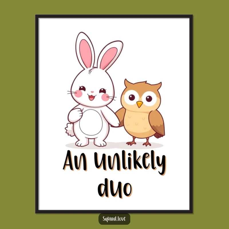 Funny Kawaii Bunny & Owl Poster - Whimsical Art, Perfect Funny Gift for Walls