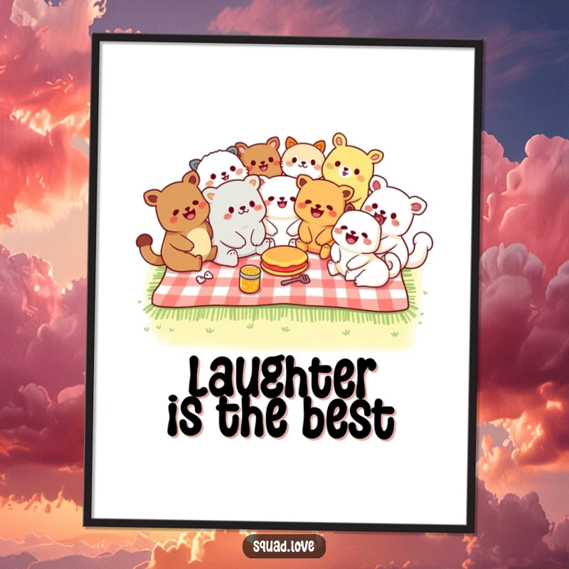 Funny poster displaying diverse kawaii animals laughing together on a picnic blanket, perfect for cheerful wall art.