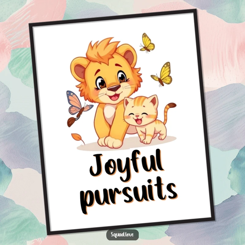Funny poster print of a lion cub playfully chasing a butterfly, with a grinning kitten enthusiastically joining the fun.