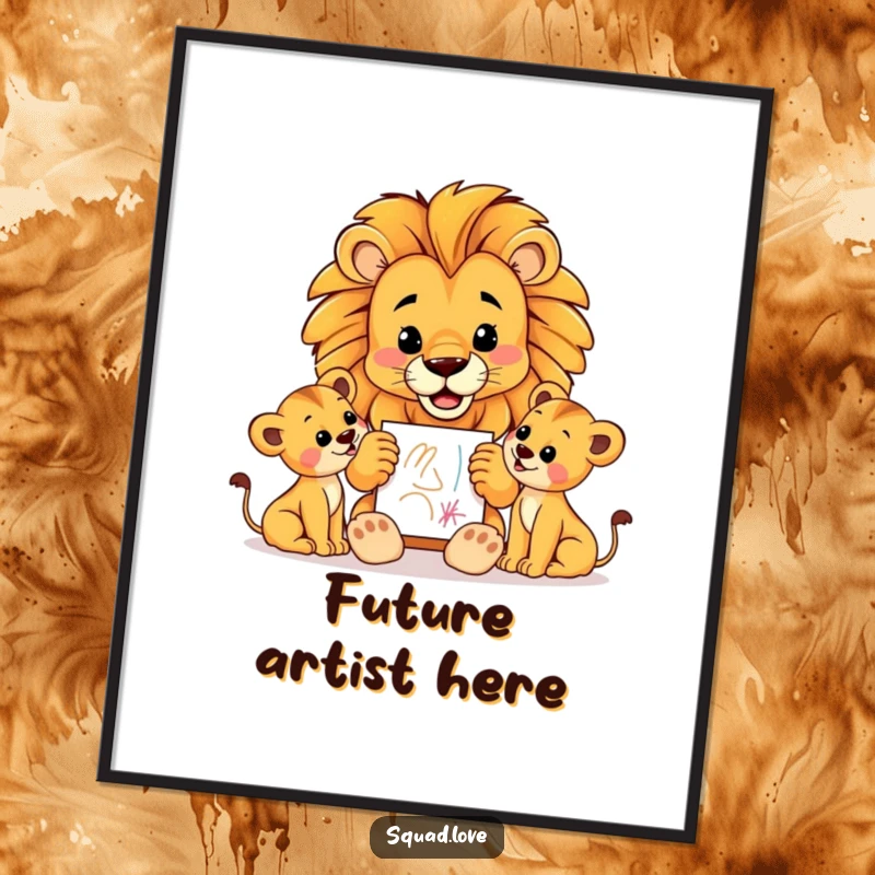 Funny poster art of a proud lion dad showing a crayon drawing to his cubs, capturing the essence of paternal love and artistic encouragement.