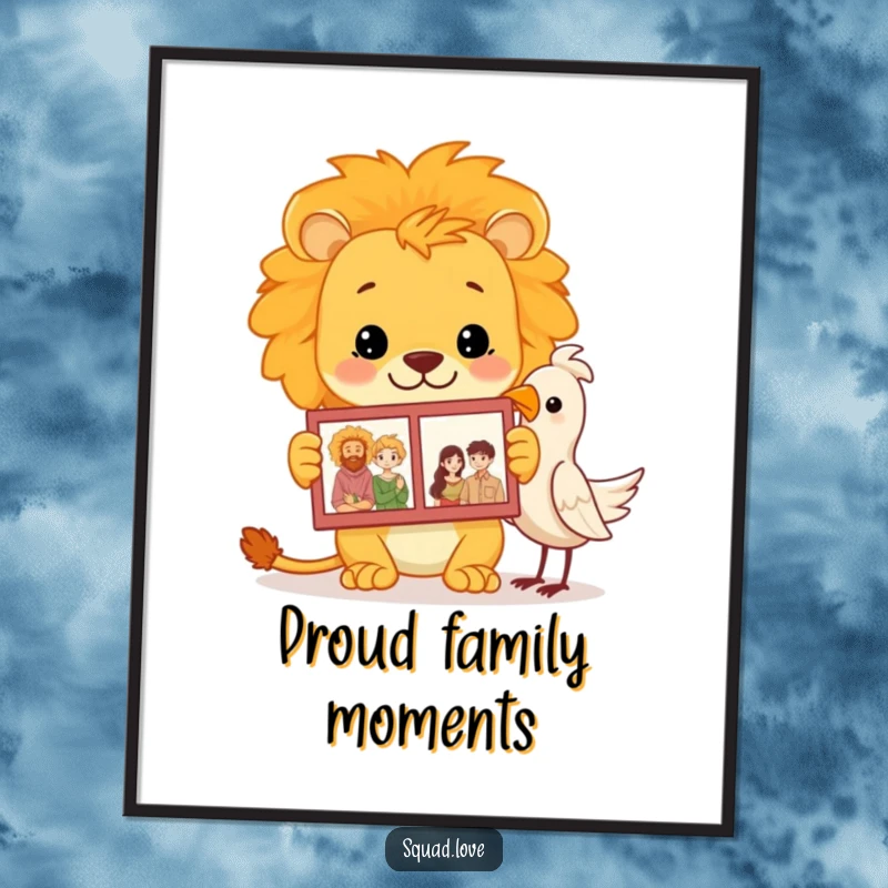 Funny lion family album poster art featuring a proud lion showing a photo album to a bird, celebrating family.