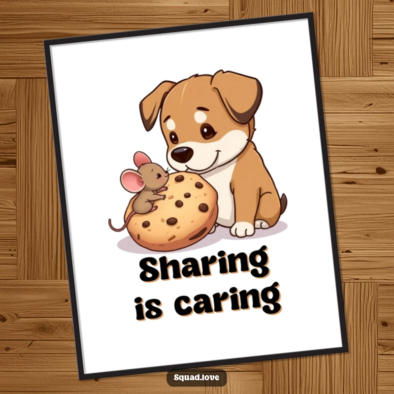 Funny poster art depicting a tiny mouse sharing a giant cookie with a large, happy dog, illustrating friendship and generosity.