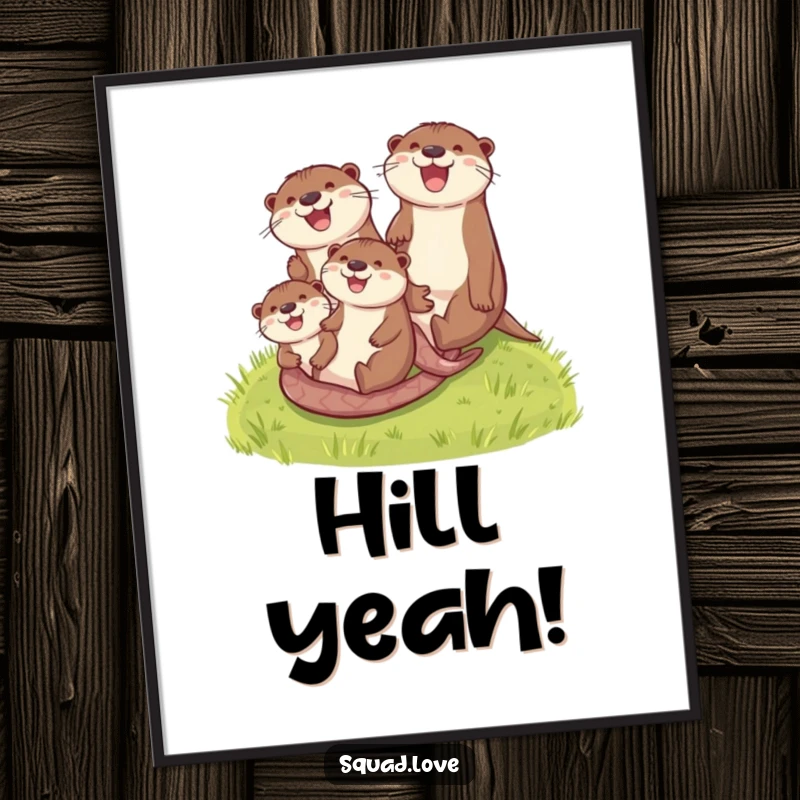 Funny otter family poster print of otters joyfully sliding down a bright green grassy hill, full of playful energy.