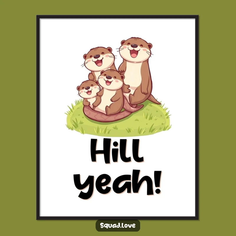 Funny Otter Family Poster: Grassy Hill Slide Artwork, Joyful Wall Decor