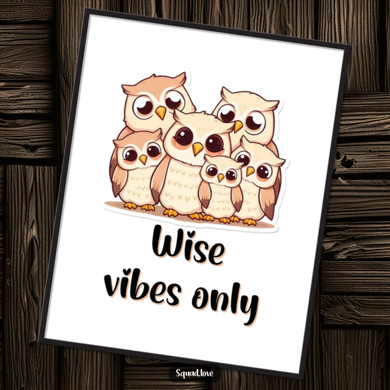Funny owl family poster, a charming illustration of smiling owls huddled together, bringing warmth and character to any wall.