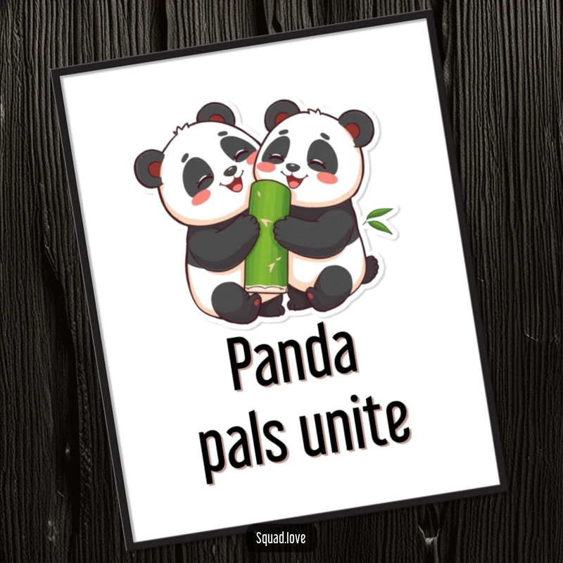 Funny Poster displaying two smiling pandas hugging each other while sharing a giant bamboo shoot, adding heartwarming humor to any room.