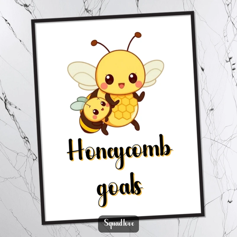 Funny poster of a proud parent bee showing a small bee a honeycomb, capturing a tender and humorous moment of bee family education.