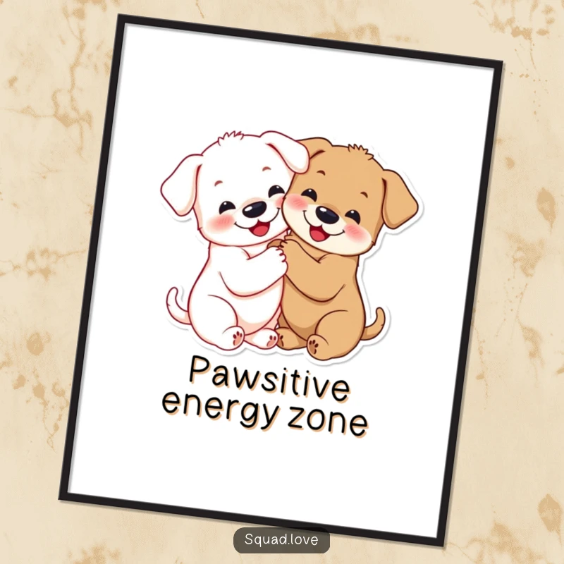 Funny puppy hug poster art featuring two smiling puppies in a tight embrace, paws linked, symbolizing pure affection.