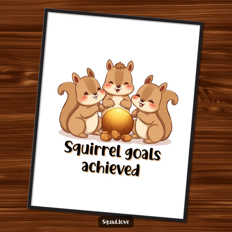 Funny poster print of happy squirrels sharing nuts, with a warm glow between them, symbolizing camaraderie and nature.