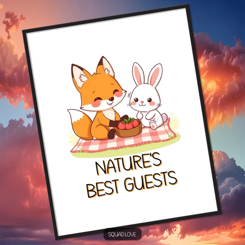 Funny poster depicting a smiling fox and a friendly rabbit enjoying a picnic, creating a scene of harmony and gentle joy.