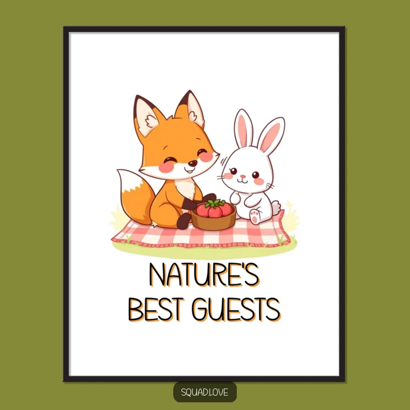 Funny Woodland Picnic Poster: Charming Fox and Rabbit Art for Walls