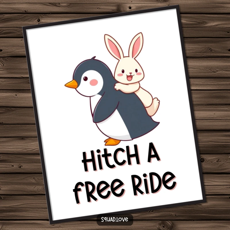 Funny poster illustrating a penguin giving a happy rabbit a piggyback ride, radiating friendship, joy, and playful energy.