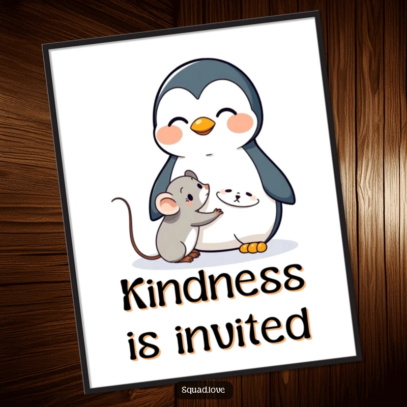 Funny poster capturing a joyous kawaii penguin embracing a shy mouse, creating a heartwarming and cute piece of art.