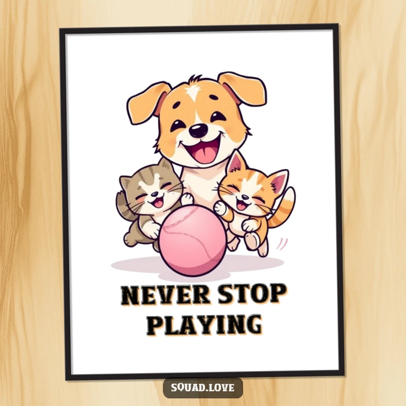 Funny poster depicting a happy dog and cat playfully chasing a bouncy ball, radiating pure, infectious pet enthusiasm.