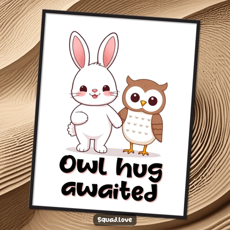 Funny beaming kawaii bunny and smiling owl holding hands, creating heartwarming wall art.
