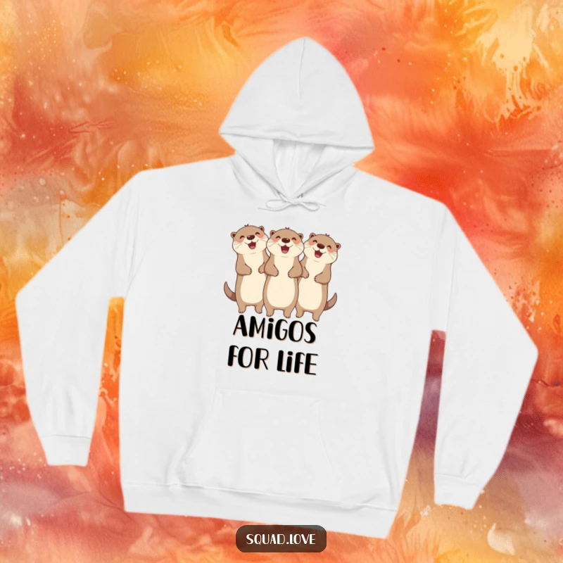 Funny hoodie depicting three ecstatic otters linked together, cheering with pure elation, a perfect humorous gift for pals.