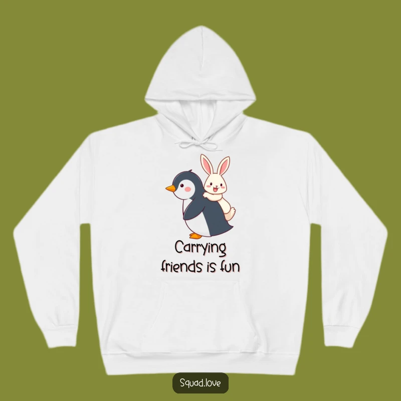 Funny Penguin & Rabbit Piggyback Hoodie, Cozy Animal Friendship Sweatshirt