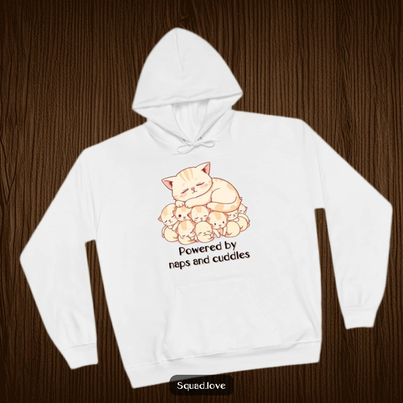Funny hoodie with a content cat peacefully napping on a soft pile of joyful, sleeping kittens, perfect for cozy, humorous relaxation.