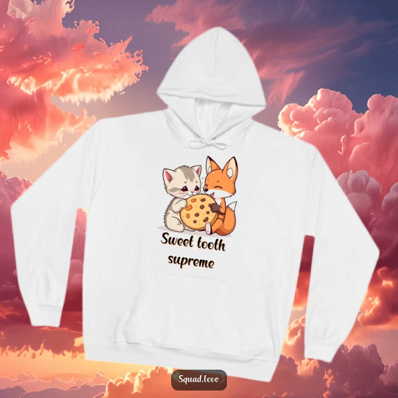 Funny kitten and fox hoodie depicting a playful kitten and a fox sharing a giant cookie, perfect for cozy, humorous wear.