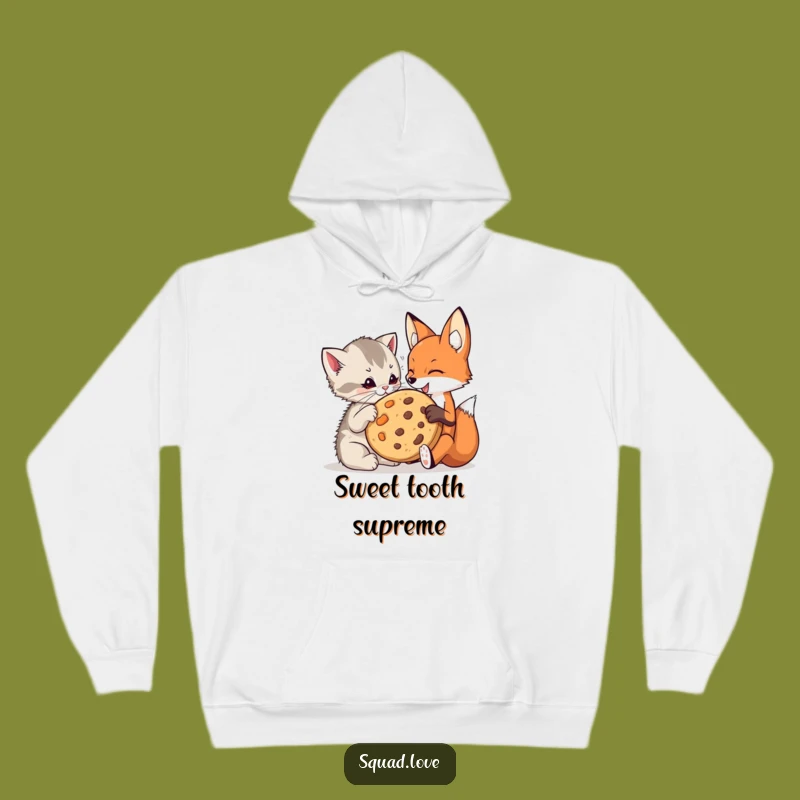 Cozy Funny Kitten & Fox Cookie Hoodie: Playful Friends Share Treat, Ultimate Funny Gift