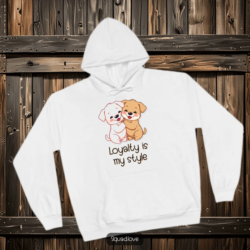 Funny puppy hug hoodie with smiling puppies hugging tightly, paws linked, offering warmth and adorable charm.