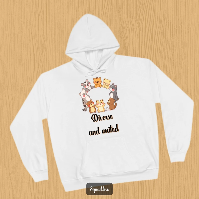 Funny and cozy hoodie showing diverse animal friends holding hands in a circle, sharing laughter, perfect for comfort.