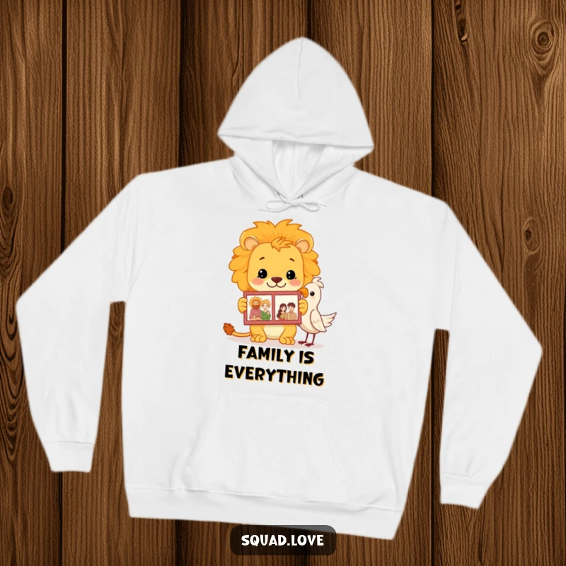 Funny lion family album hoodie with a proud lion showing a photo album to a bird, designed for cozy, proud wear.