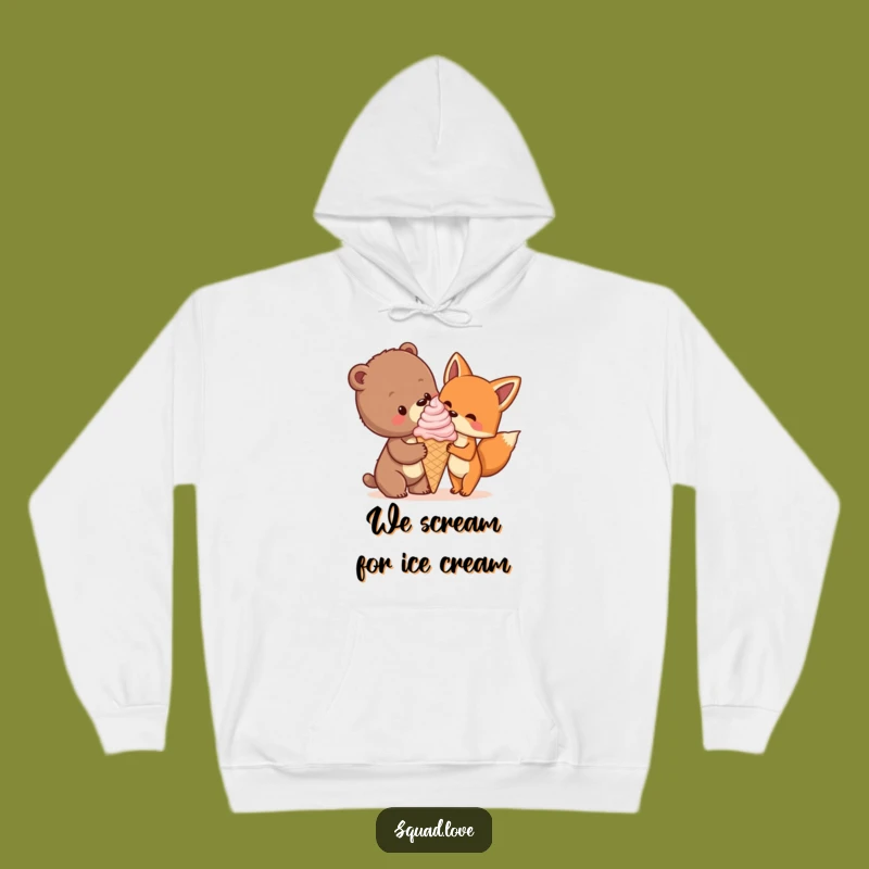 Funny Bear Cub & Fox Ice Cream Hoodie, Cozy Animal Friendship Sweatshirt Gift