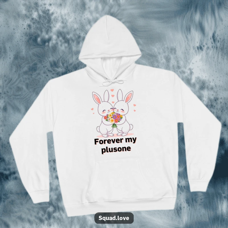 Funny hoodie with a heartwarming scene of a bunny couple sharing a flower bouquet, radiating love and warmth.