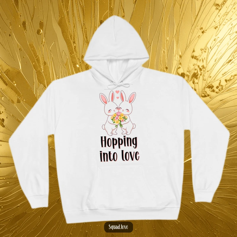Funny hoodie showing a loving bunny couple sharing flowers, offering comfort and romantic vibes. A perfect gift.