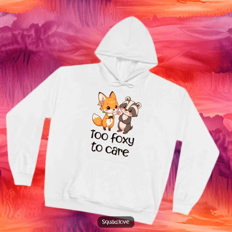 Funny cozy hoodie featuring a playful fox giving a flower to a happy badger, highlighting a sweet, heartwarming woodland friendship.