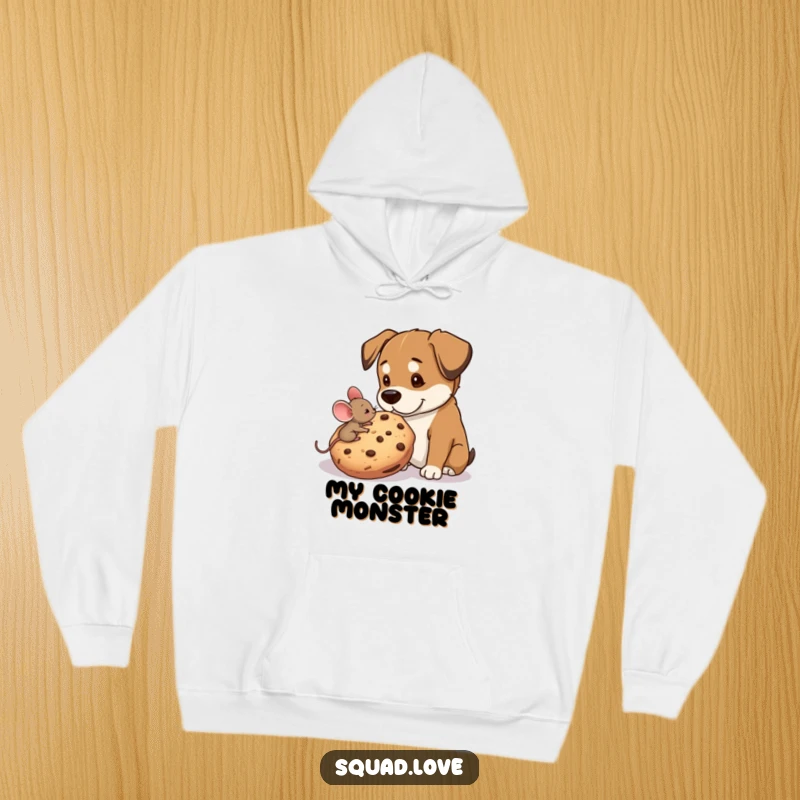 Funny, cozy hoodie showing a small mouse sharing a giant cookie with a large dog, symbolizing friendship and sweet treats.