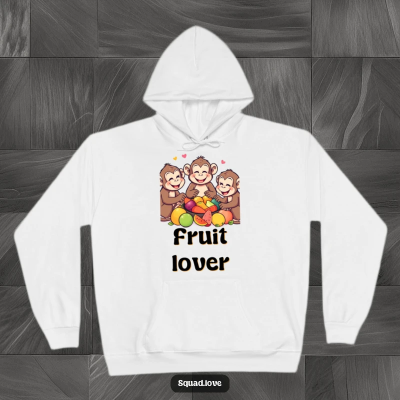 Funny Monkey Hoodie: Smiling monkeys gather around a colorful fruit feast, offering warmth and a humorous depiction of sharing.