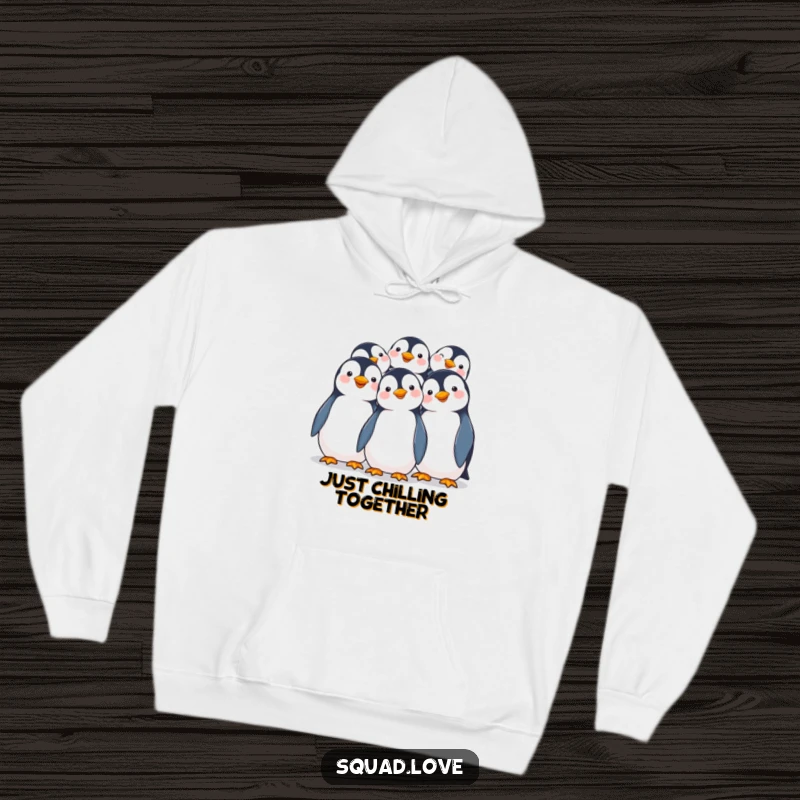 Funny hoodie featuring a charming group of smiling penguins joyfully huddling for warmth, exuding adorable solidarity.