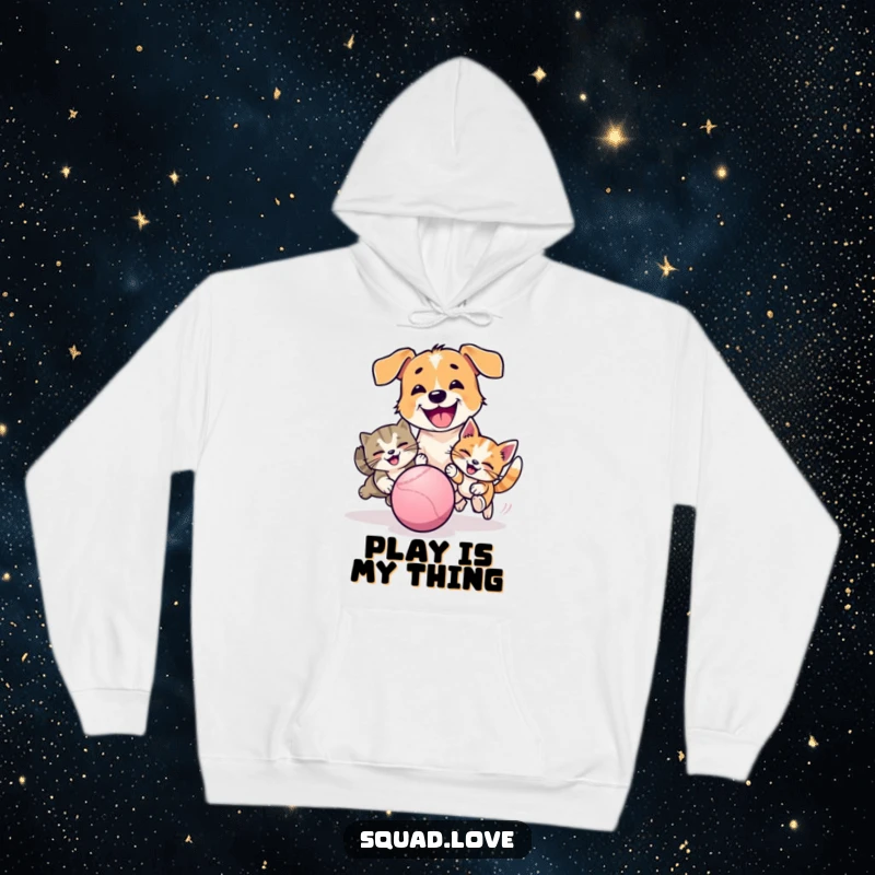 Funny hoodie featuring a happy dog and cat energetically chasing a bouncing ball, depicting pure, unadulterated pet joy.