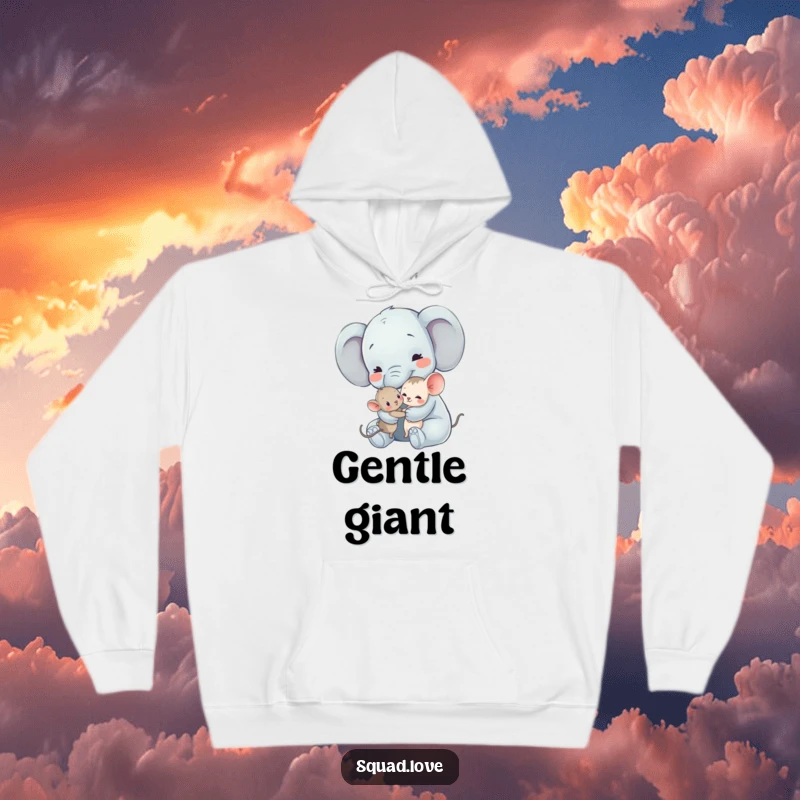 Funny Elephant and Mouse Hoodie: A gentle elephant offers a warm hug to a tiny mouse, providing cozy comfort and charm.