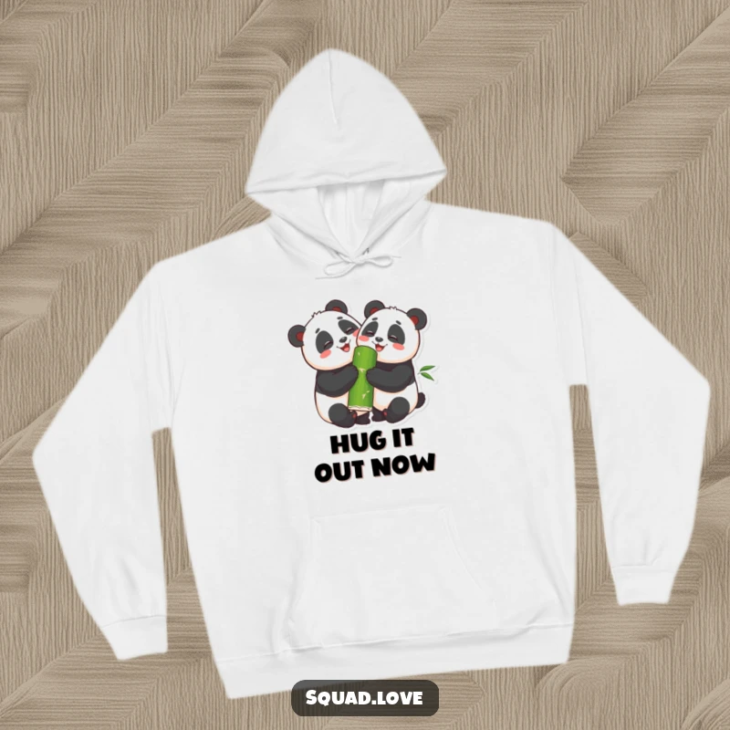 Funny Hoodie showcasing two smiling pandas sharing a giant bamboo shoot while hugging, offering warmth and a humorous, heartwarming design.