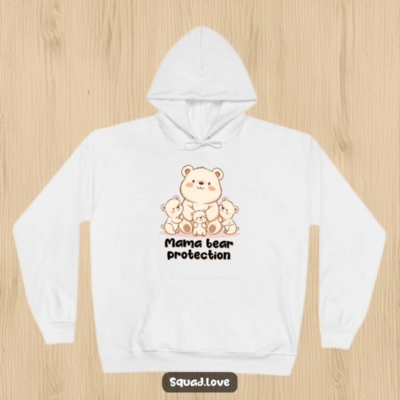 Adorable fuzzy kawaii mama bear proudly observing her playful cubs, featured on a warm and cozy hoodie.