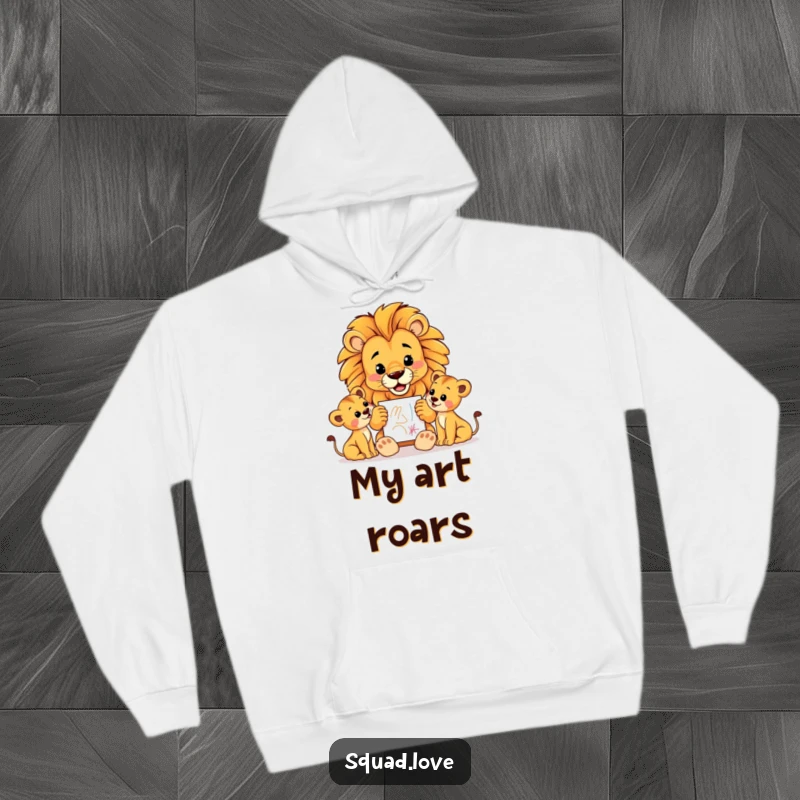 Funny hoodie featuring a majestic lion dad proudly presenting a crayon drawing to his cubs, offering comfort and a touch of paternal pride.