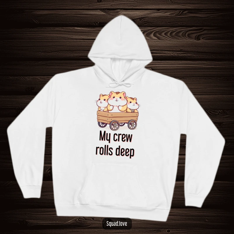 Funny hoodie featuring a plump hamster being chauffeured in a wagon by a group of helpful, happy companions.