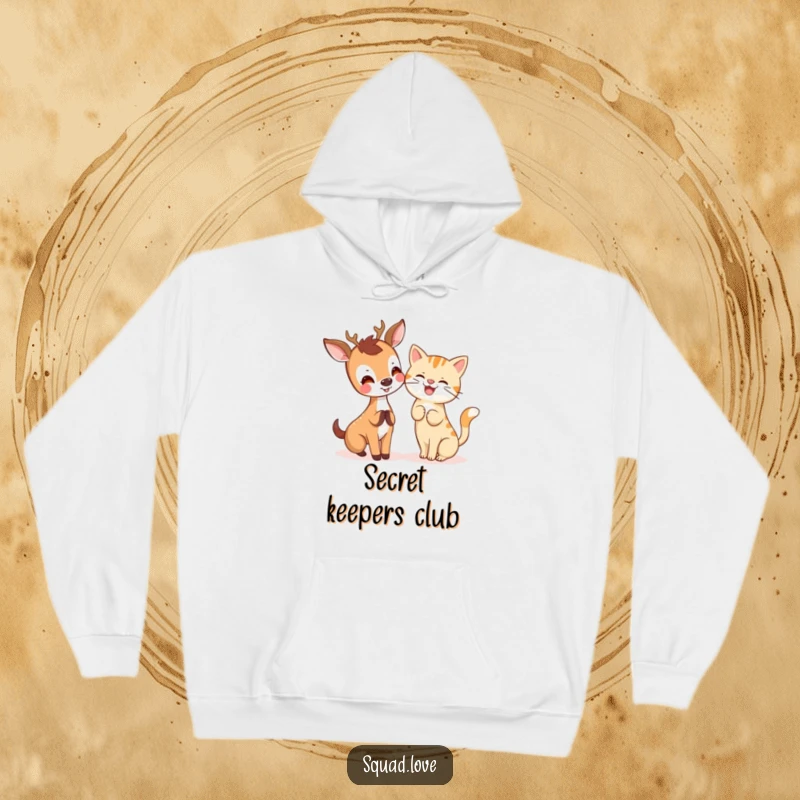 Joyful kawaii deer whispering a secret to a giggling cat, featured on a warm and cozy hoodie.