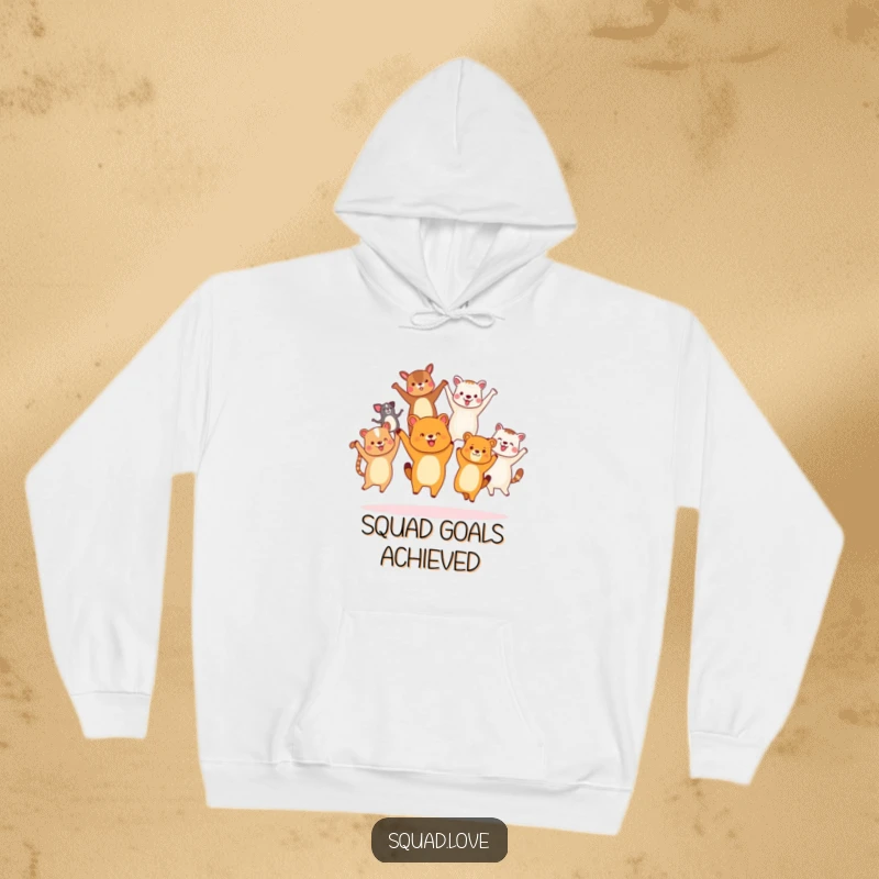 Funny diverse animal friends hoodie, holding hands and jumping joyfully, offering cozy warmth and a message of unity.