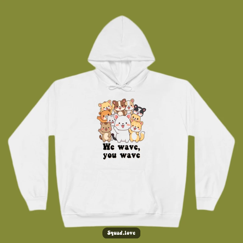 Cozy Funny Animal Friends Wave Hoodie: Hugs from All!