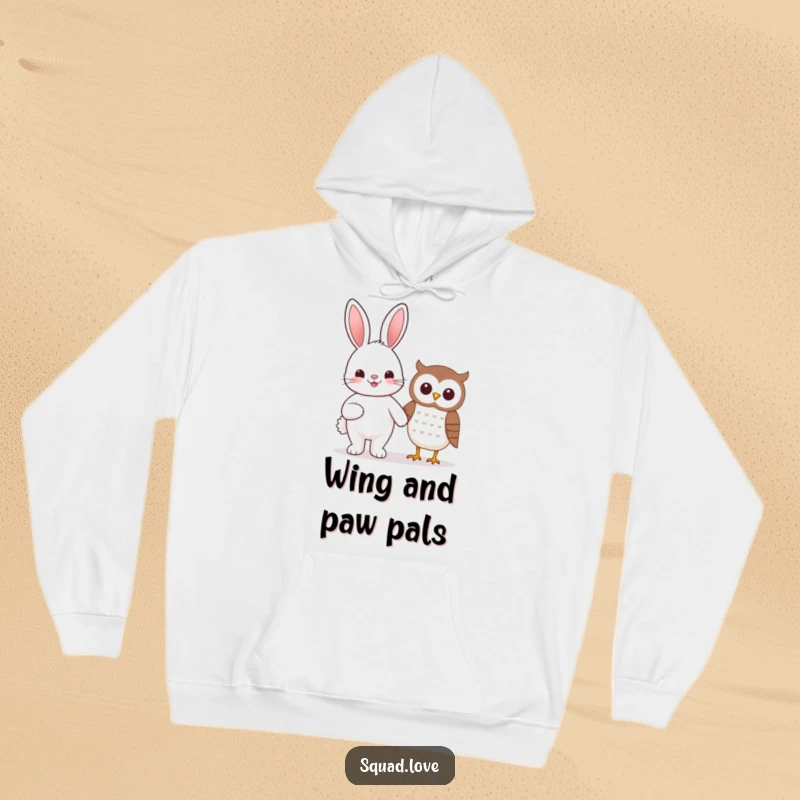 Funny beaming kawaii bunny and smiling owl holding hands, depicted on a comfortable and warm hoodie.